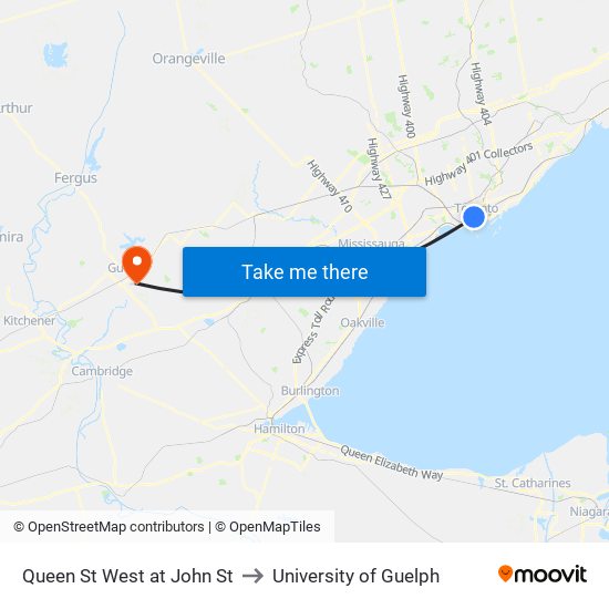 Queen St West at John St to University of Guelph map