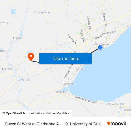 Queen St West at Gladstone Ave to University of Guelph map