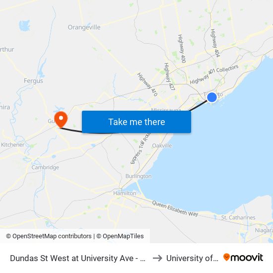 Dundas St West at University Ave - St Patrick Station to University of Guelph map