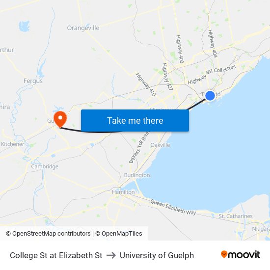 College St at Elizabeth St to University of Guelph map