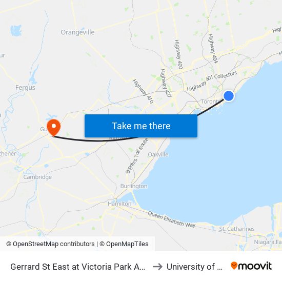 Gerrard St East at Victoria Park Ave West Side to University of Guelph map