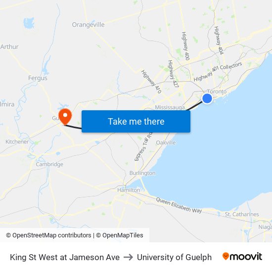 King St West at Jameson Ave to University of Guelph map