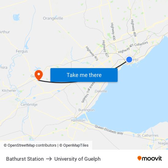 Bathurst Station to University of Guelph map