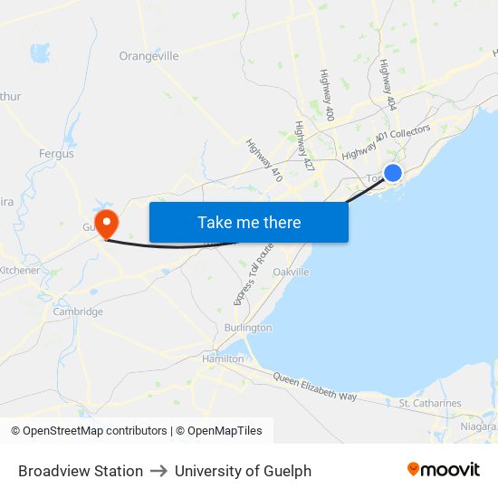 Broadview Station to University of Guelph map