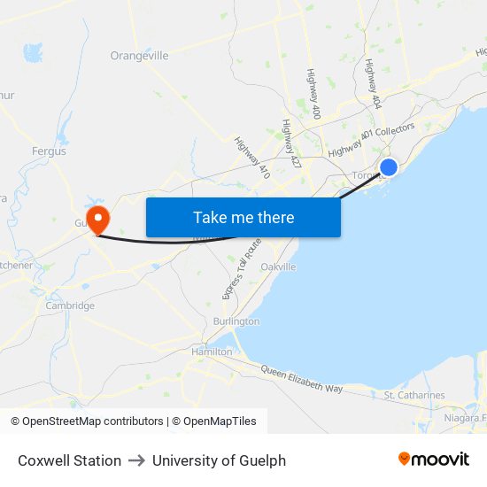 Coxwell Station to University of Guelph map