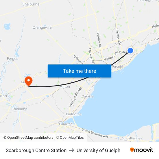 Scarborough Centre Station to University of Guelph map