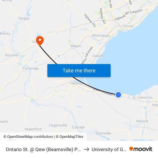 Ontario St. @ Qew (Beamsville) Park & Ride to University of Guelph map