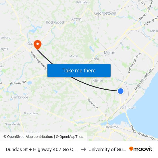 Dundas St + Highway 407 Go Carpool to University of Guelph map