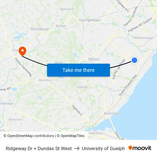 Ridgeway Dr + Dundas St West to University of Guelph map