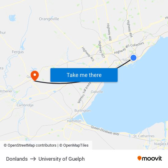 Donlands to University of Guelph map