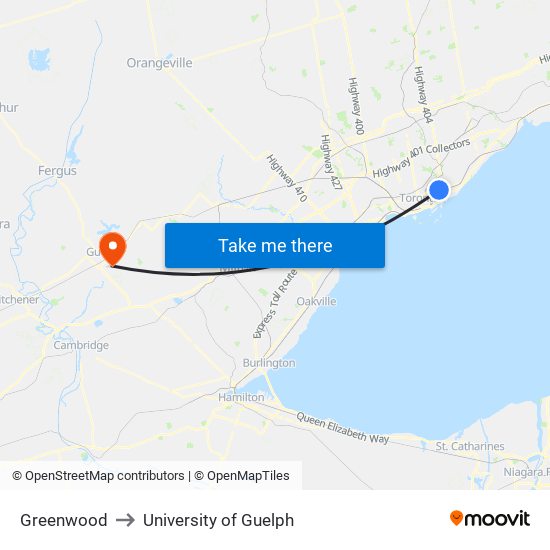 Greenwood to University of Guelph map