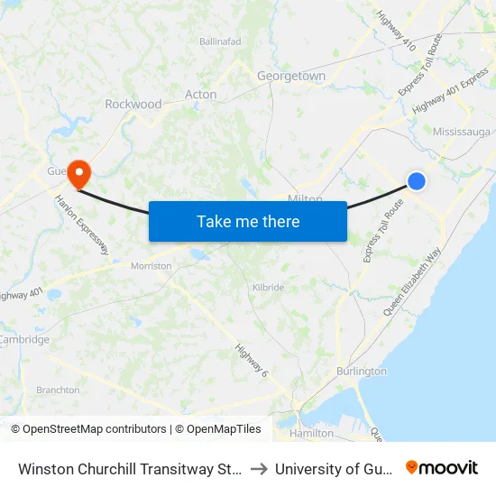 Winston Churchill Transitway Station to University of Guelph map