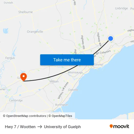Hwy 7 / Wootten to University of Guelph map