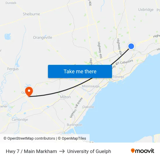 Hwy 7 / Main Markham to University of Guelph map
