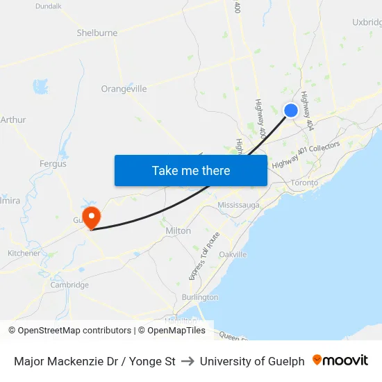 Major Mackenzie Dr / Yonge St to University of Guelph map