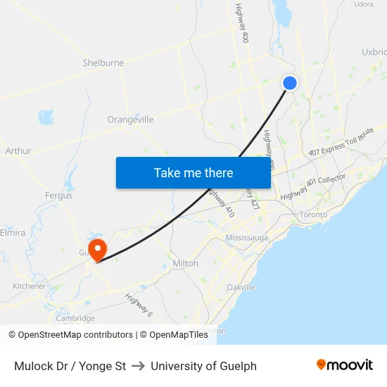 Mulock Dr / Yonge St to University of Guelph map