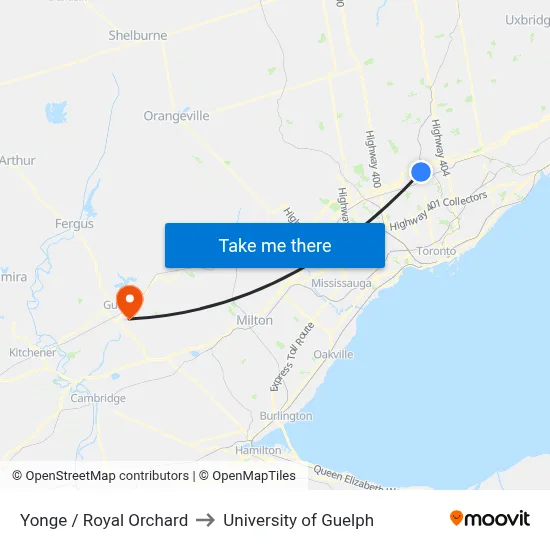 Yonge / Royal Orchard to University of Guelph map