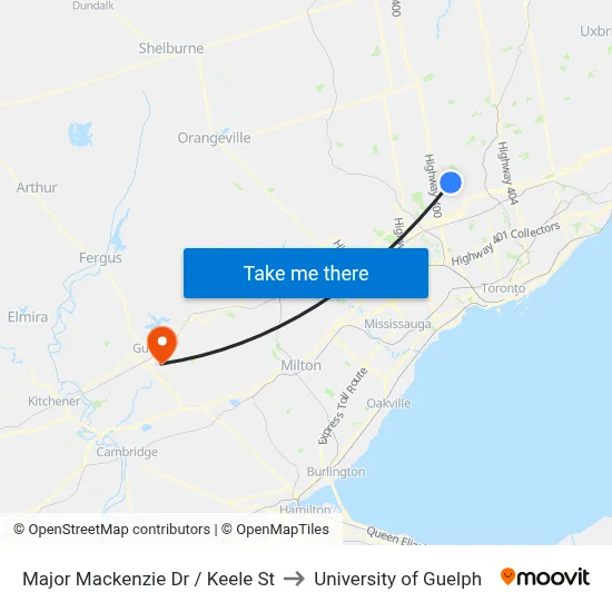 Major Mackenzie Dr / Keele St to University of Guelph map