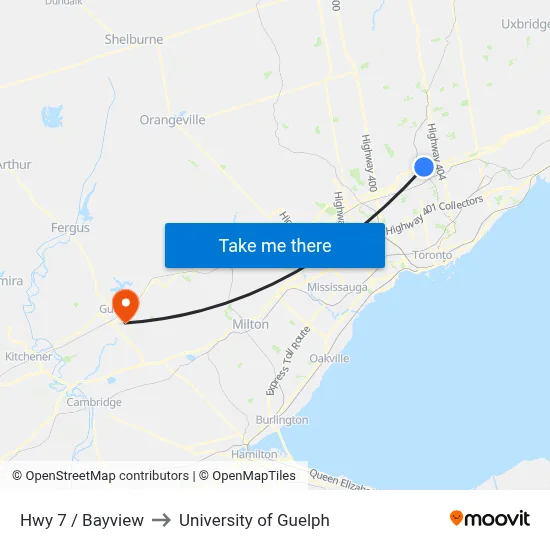 Hwy 7 / Bayview to University of Guelph map