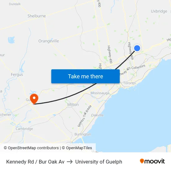 Kennedy Rd / Bur Oak Av to University of Guelph map