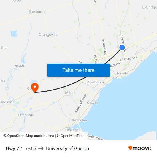 Hwy 7 / Leslie to University of Guelph map