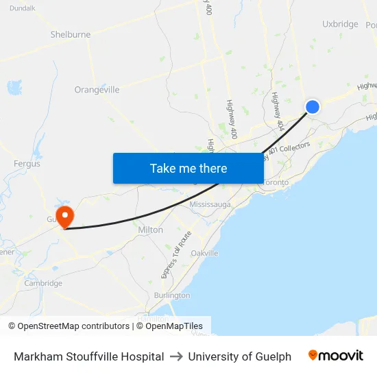 Markham Stouffville Hospital to University of Guelph map