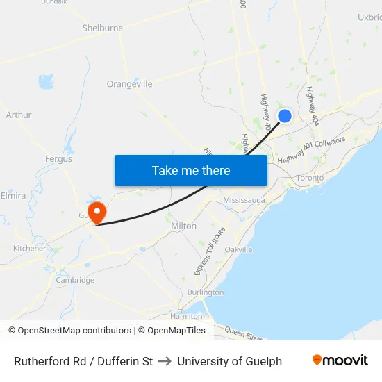 Rutherford Rd / Dufferin St to University of Guelph map