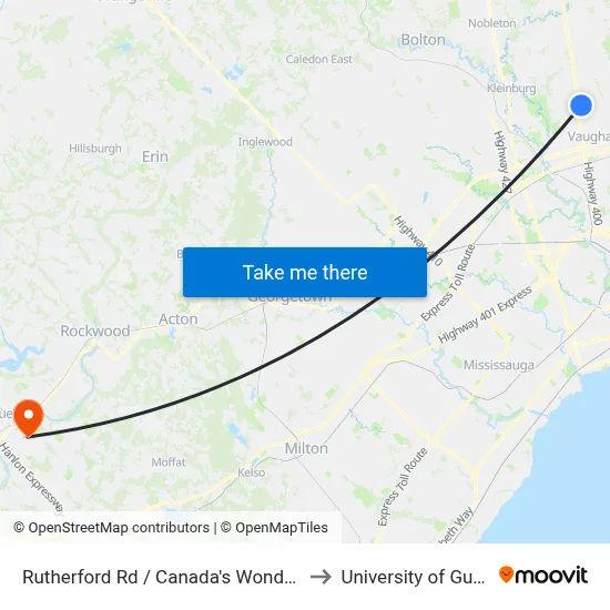 Rutherford Rd / Canada's Wonderland to University of Guelph map