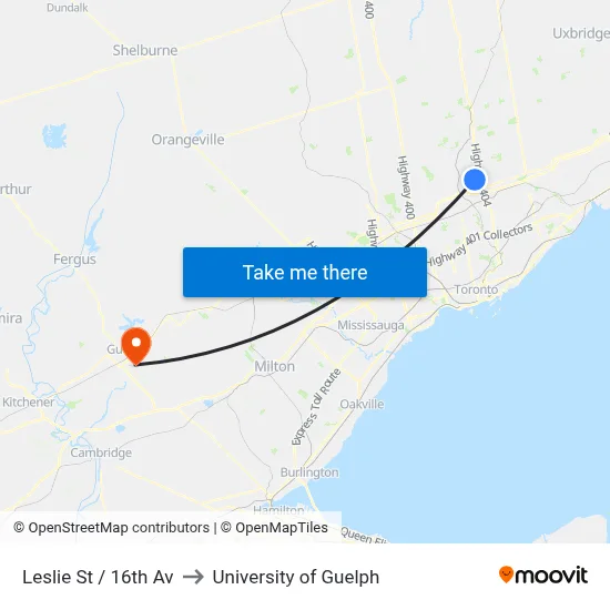 Leslie St / 16th Av to University of Guelph map