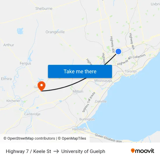 Highway 7 / Keele St to University of Guelph map