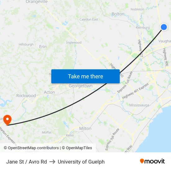 Jane St / Avro Rd to University of Guelph map