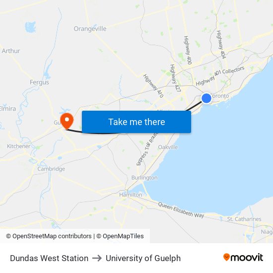 Dundas West Station to University of Guelph map