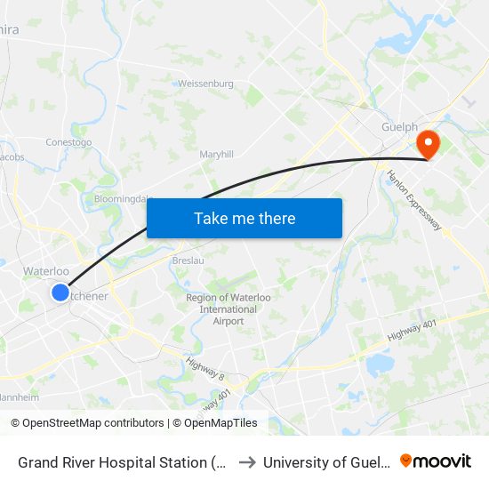 Grand River Hospital Station (Lrt) to University of Guelph map