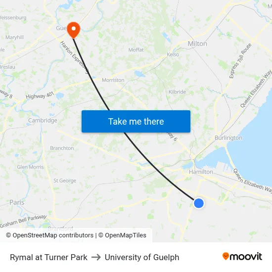 Rymal at Turner Park to University of Guelph map