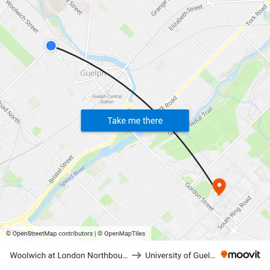 Woolwich at London Northbound to University of Guelph map