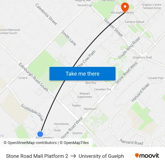 Stone Road Mall Platform 2 to University of Guelph map