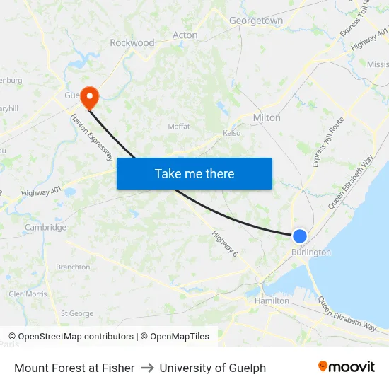 Mount Forest at Fisher to University of Guelph map