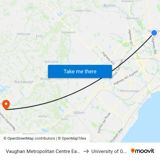 Vaughan Metropolitan Centre Eastbound to University of Guelph map