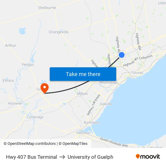 Hwy 407 Bus Terminal to University of Guelph map