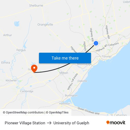 Pioneer Village Station to University of Guelph map