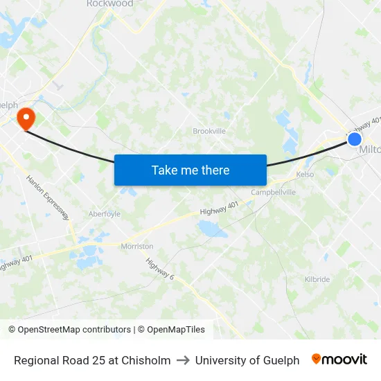 Regional Road 25 at Chisholm to University of Guelph map