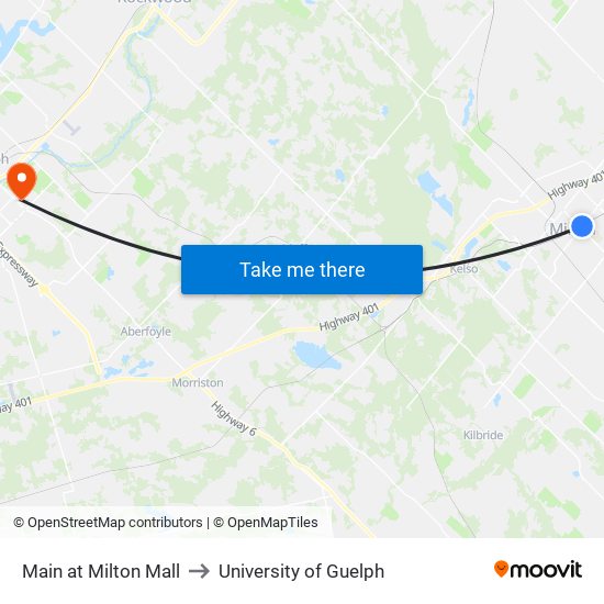 Main at Milton Mall to University of Guelph map