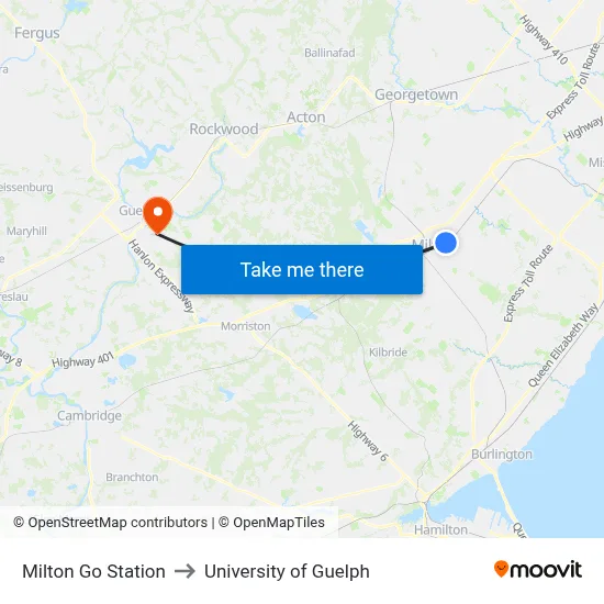 Milton Go Station to University of Guelph map