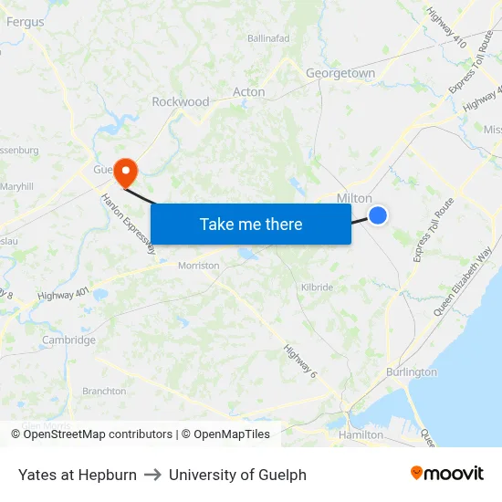 Yates at Hepburn to University of Guelph map