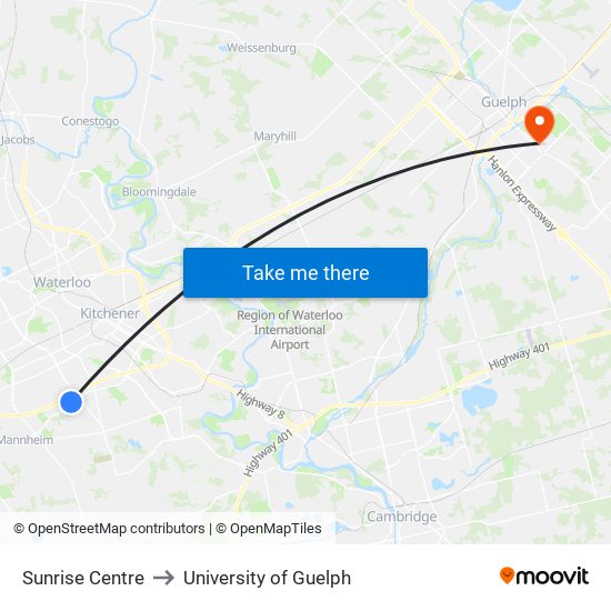 Sunrise Centre to University of Guelph map