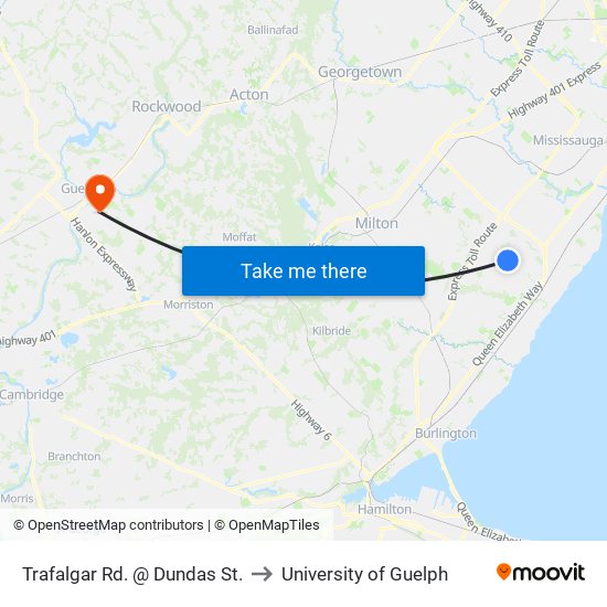 Trafalgar Rd. @ Dundas St. to University of Guelph map