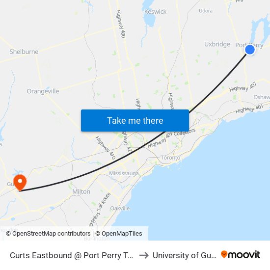 Curts Eastbound @ Port Perry Terminal to University of Guelph map