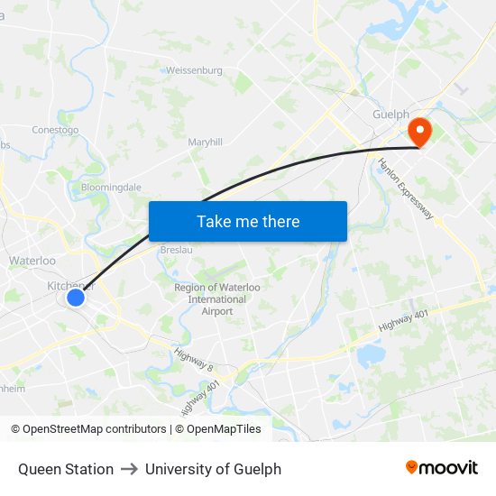 Queen Station to University of Guelph map