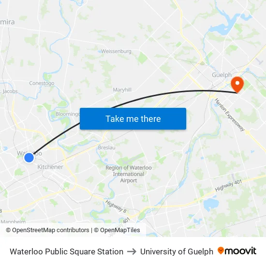 Waterloo Public Square Station to University of Guelph map