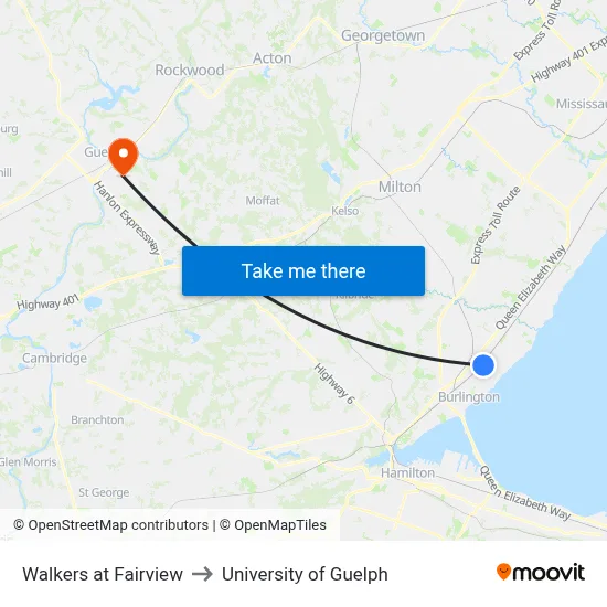 Walkers at Fairview to University of Guelph map